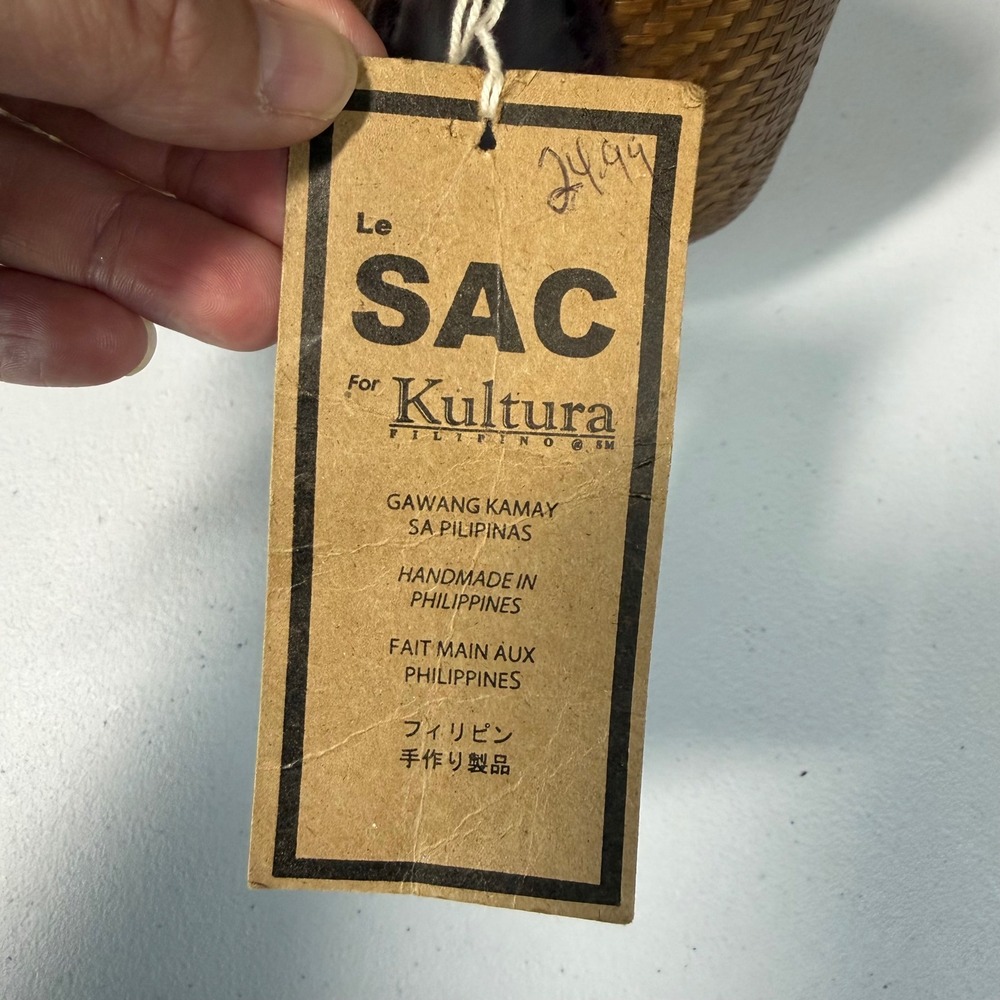 Le SAC Kultura Woven Straw Leather Satchel Handbag Handmade Boho Tropical Brown - Picture 3 of 6